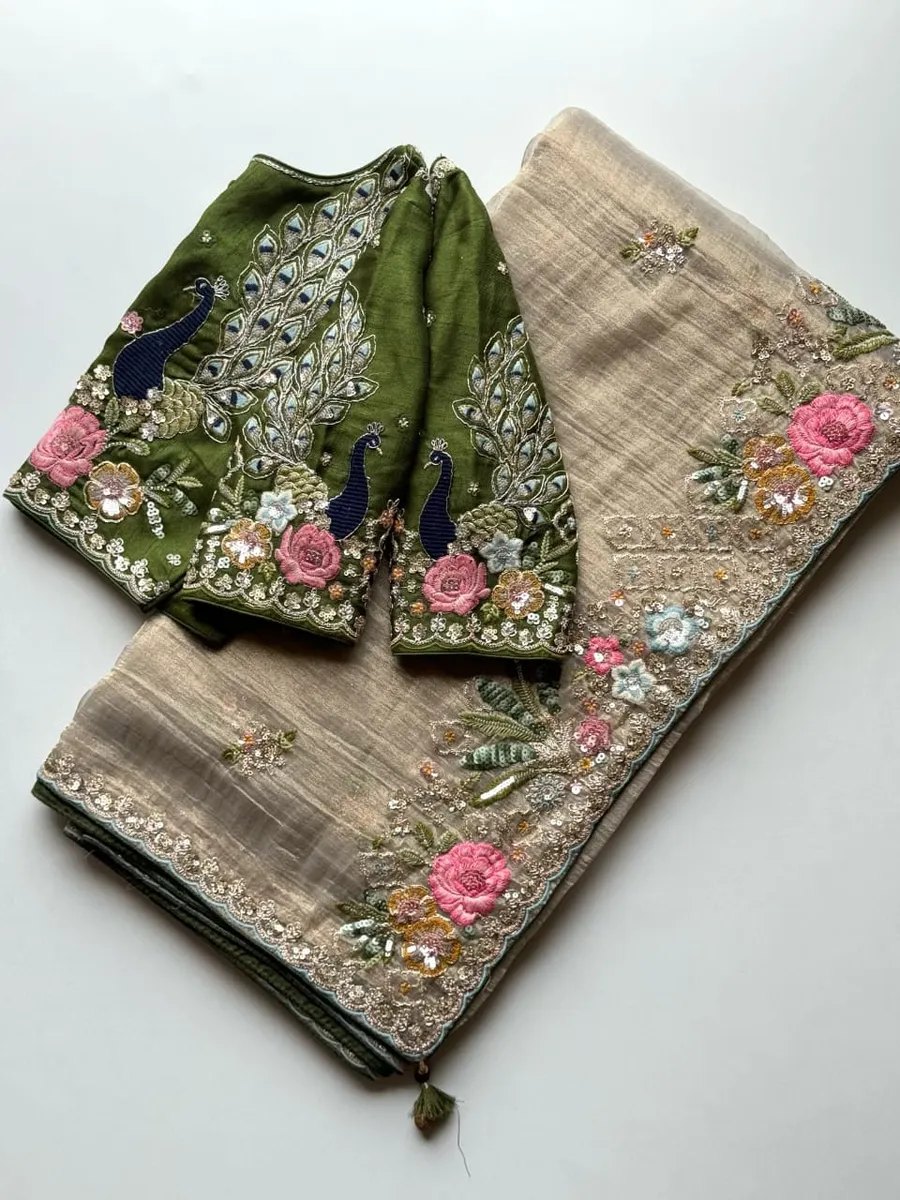 Premium Banarasi Crush Tissue Saree with Peacock Coding & Multicolour Sequin Work Saree